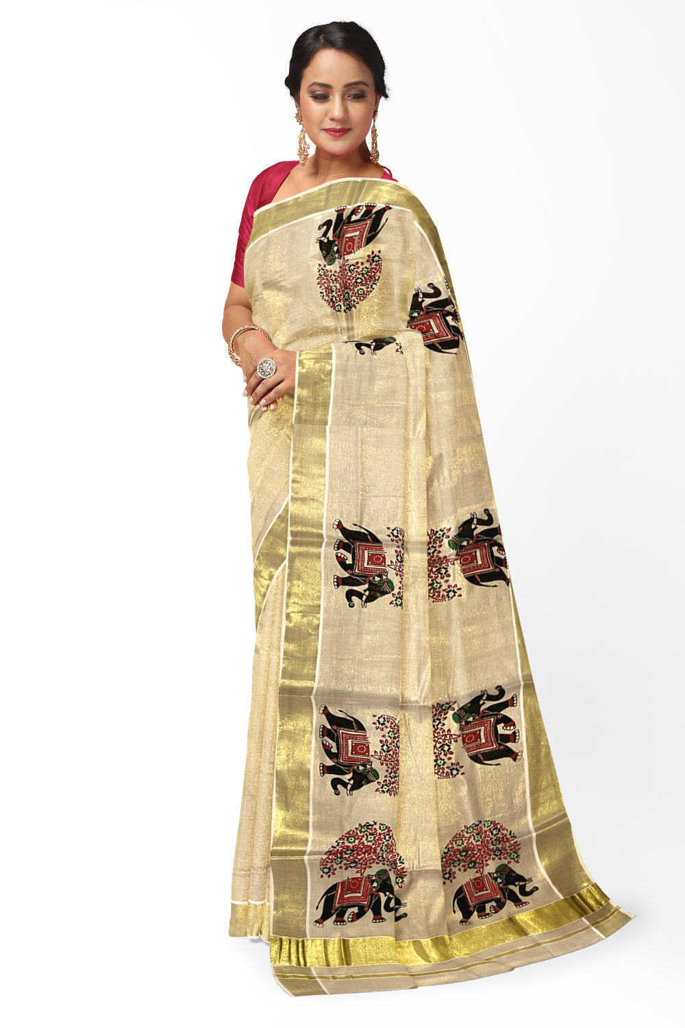 Kerala Tissue Kasavu Saree with Black and Red Elephant Mural Prints on Border and Pallu