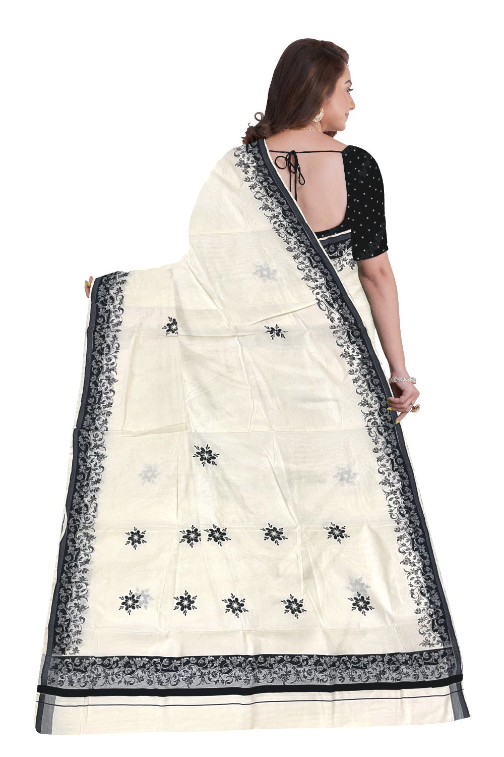 Kerala Cotton Saree with Black Floral Block Prints on Border (Onam Saree 2023)