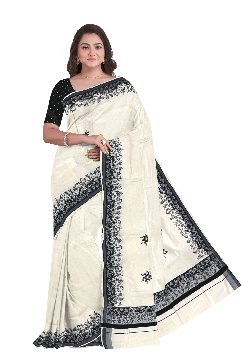 Kerala Cotton Saree with Black Floral Block Prints on Border (Onam Saree 2023)