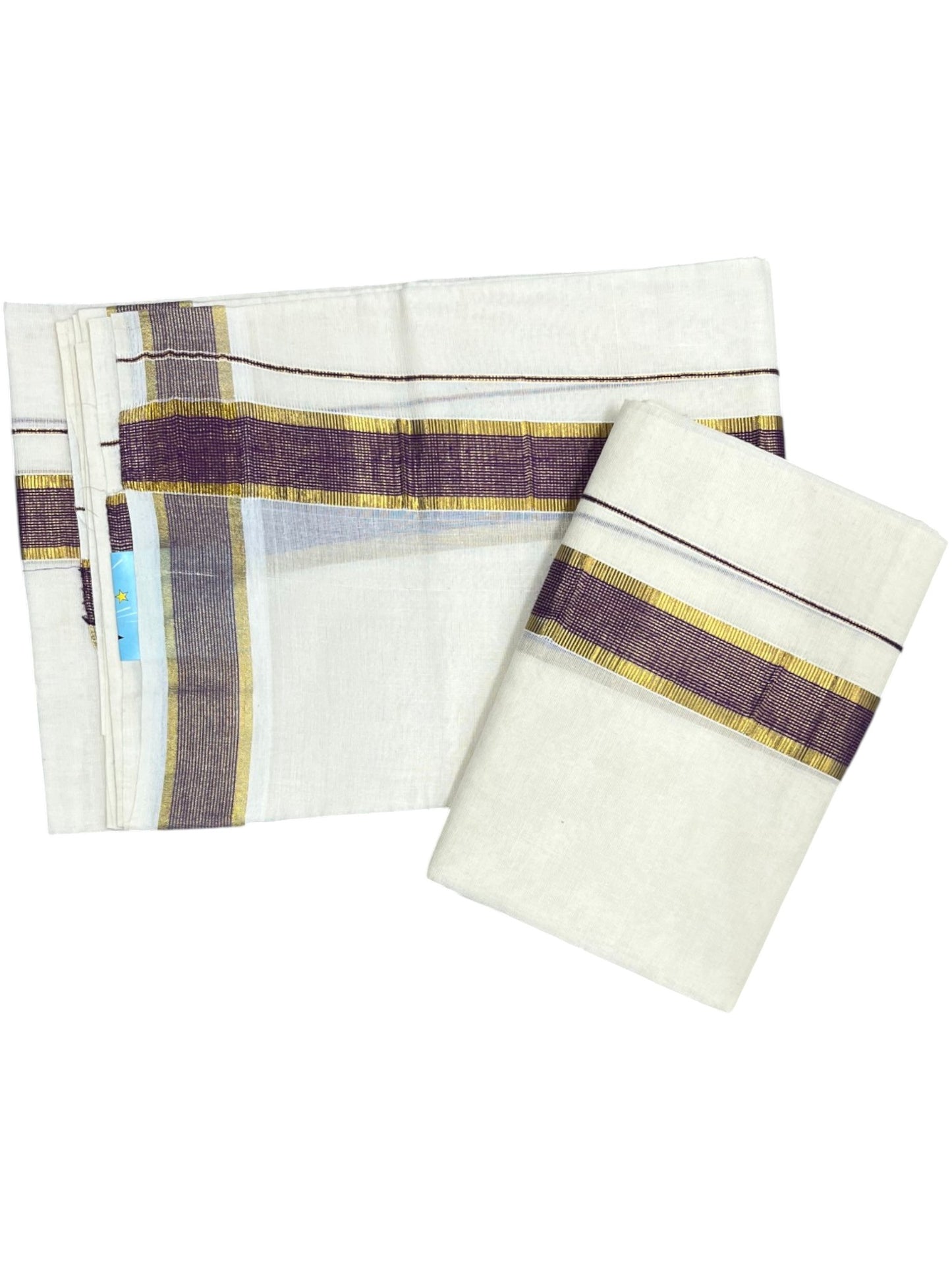 Southloom Pure Cotton Kerala Kasavu Set Mundu (Mundum Neriyathum) Kasavu & Purple Border in 2.80 Mtrs SLKK SL470