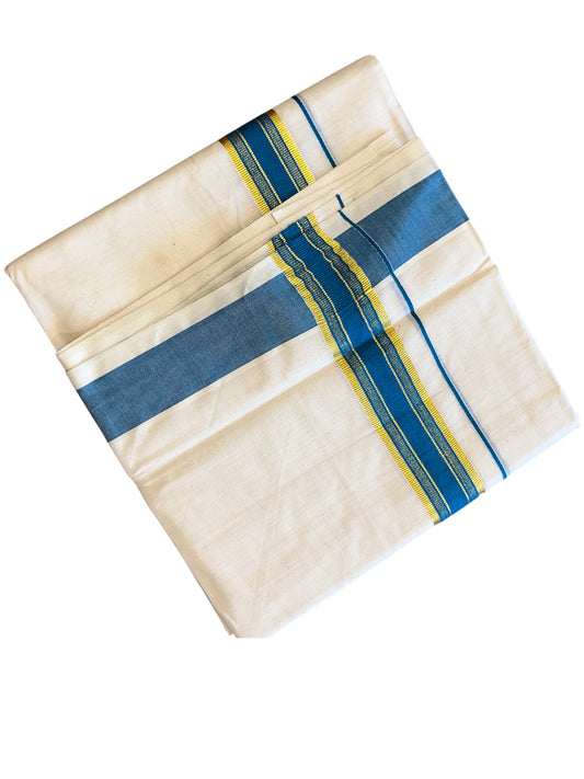 Southloom Pure Cotton Mundu with Gold Kasavu and Blue Border (South Indian Kerala Dhoti)