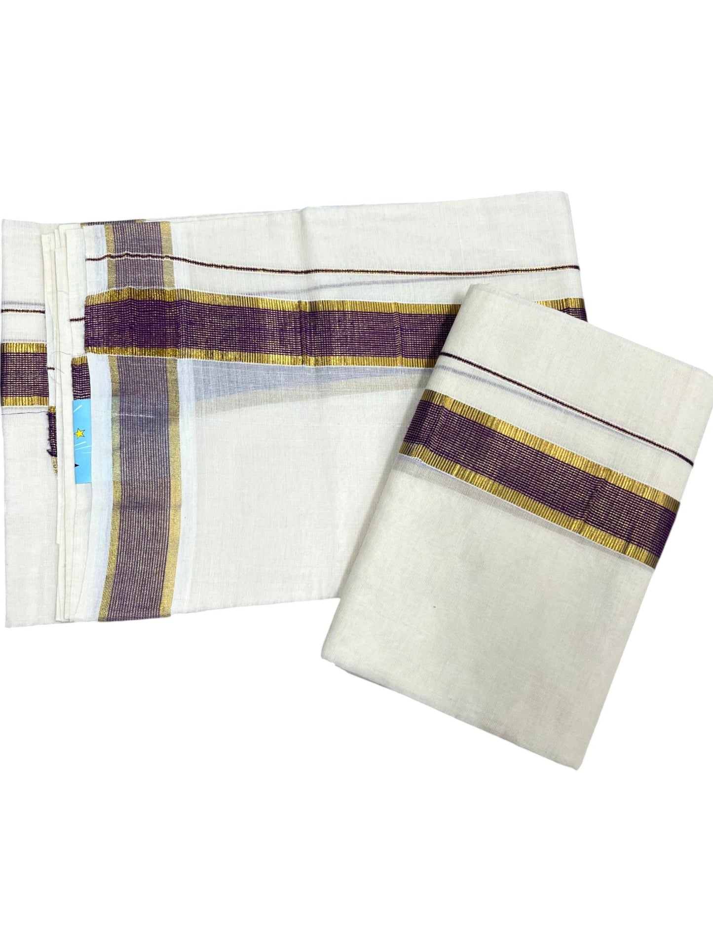 Southloom Pure Cotton Kerala Kasavu Set Mundu (Mundum Neriyathum) Kasavu & Purple Border in 2.80 Mtrs SLKK SL470