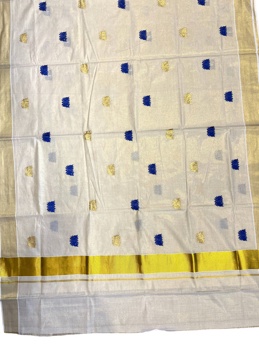 Southloom Kerala Tissue Kasavu Plain Saree with Blue Lotus Embroidery Works