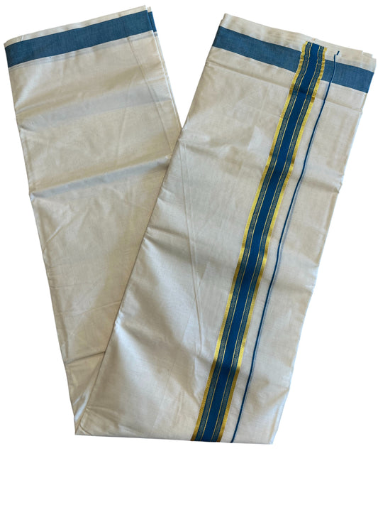 Southloom Pure Cotton Mundu with Gold Kasavu and Blue Border (South Indian Kerala Dhoti)