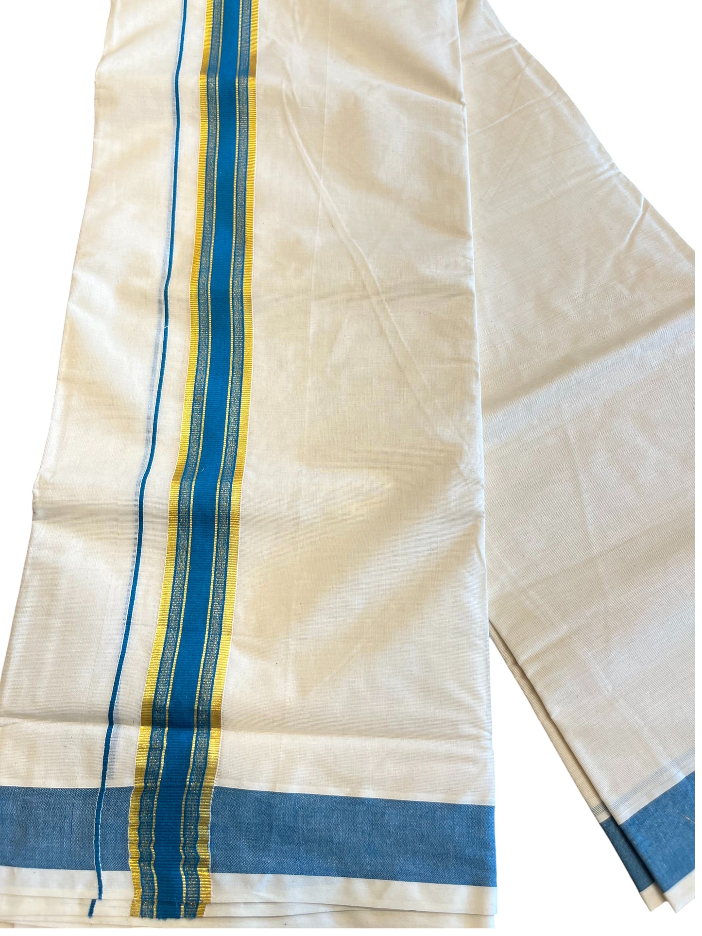 Southloom Pure Cotton Mundu with Gold Kasavu and Blue Border (South Indian Kerala Dhoti)