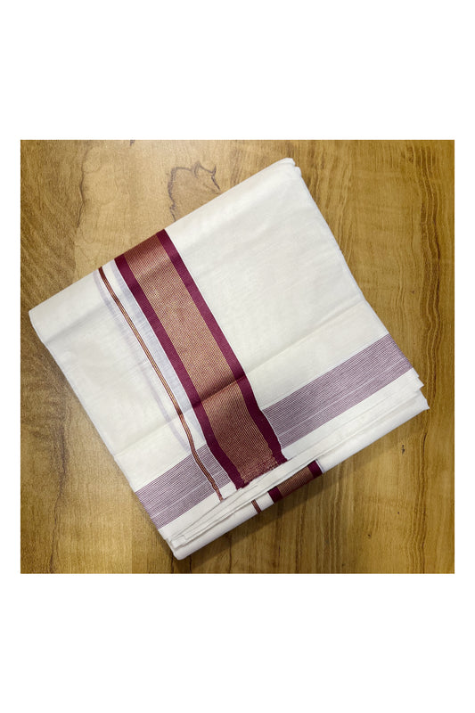 Pure Cotton Mundu with Maroon Lines and  Maroon Border (South Indian Kerala Dhoti)