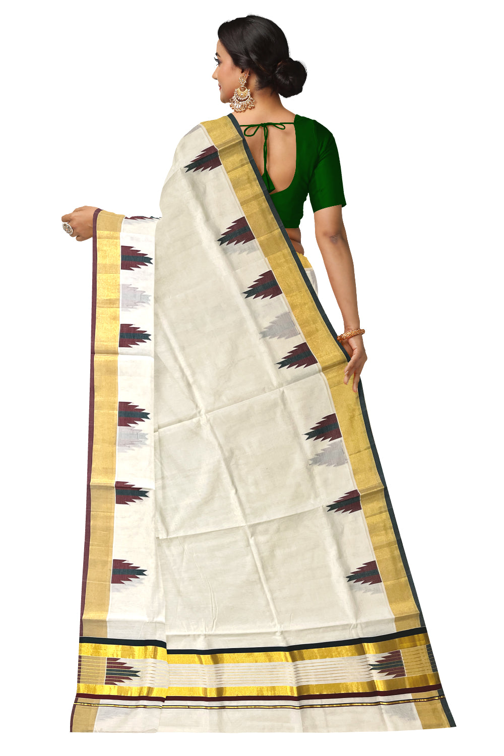 Southloom™ Premium Handloom Cotton Kasavu Saree with Maroon Dark Green Temple Woven Border and Stripes Work on Pallu