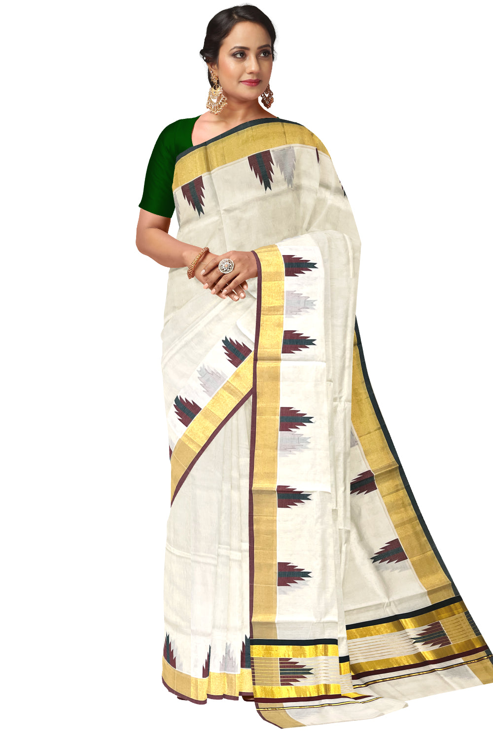 Southloom™ Premium Handloom Cotton Kasavu Saree with Maroon Dark Green Temple Woven Border and Stripes Work on Pallu