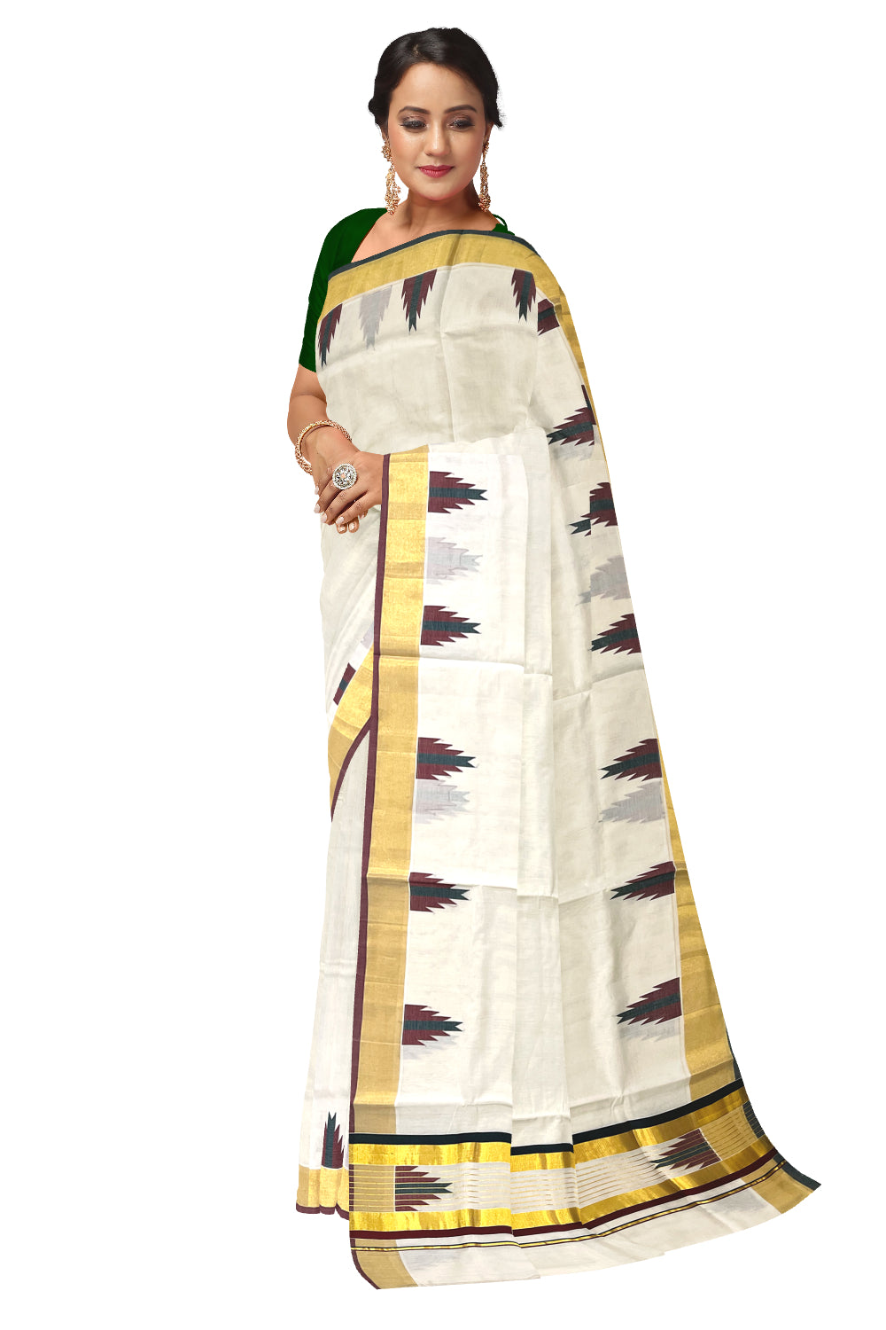 Southloom™ Premium Handloom Cotton Kasavu Saree with Maroon Dark Green Temple Woven Border and Stripes Work on Pallu