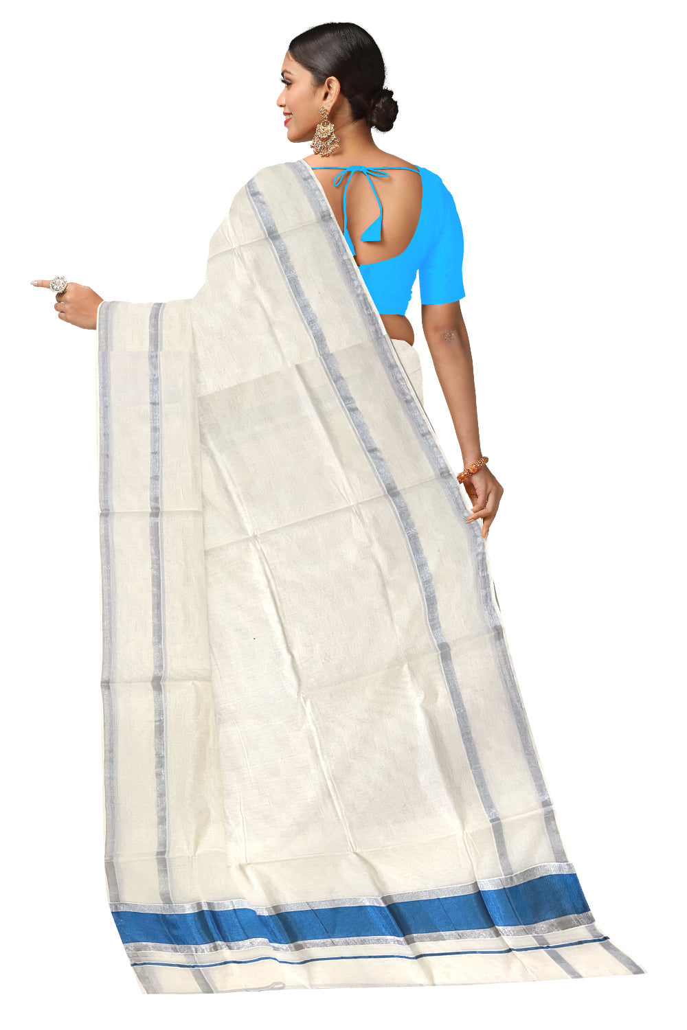 Pure Cotton Kerala Saree with Silver Border and Blue Kasavu Pallu