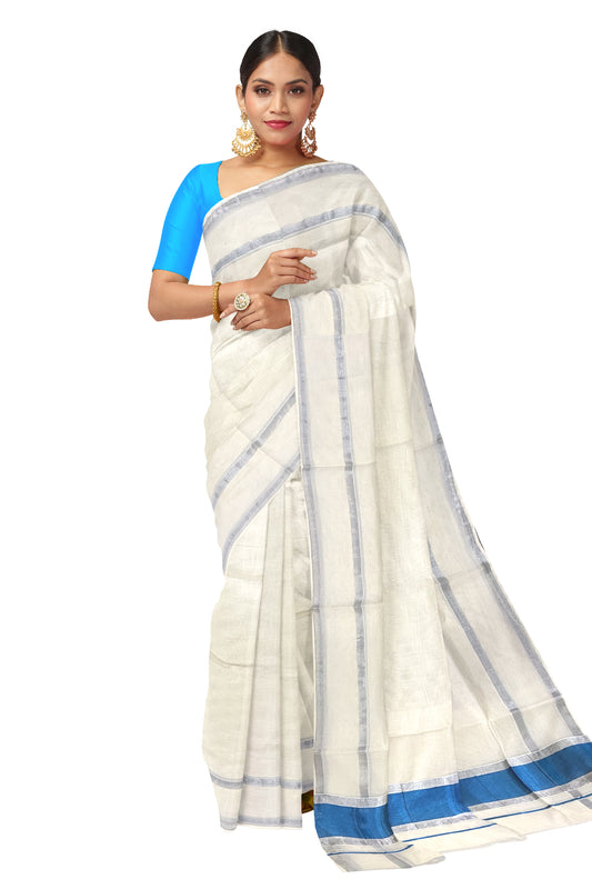 Pure Cotton Kerala Saree with Silver Border and Blue Kasavu Pallu