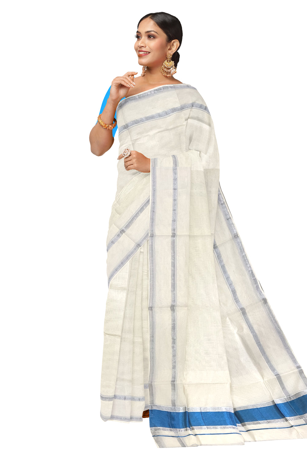 Pure Cotton Kerala Saree with Silver Border and Blue Kasavu Pallu