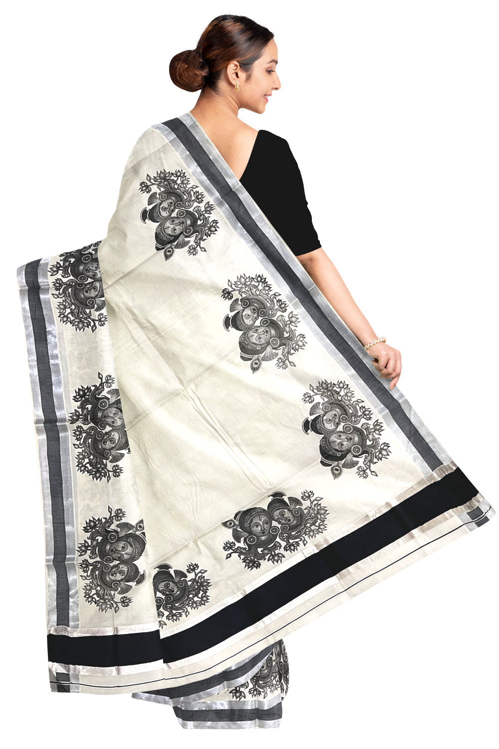 Pure Cotton Kerala Silver Kasavu Saree with Krishna Radha Face Mural Prints and Black Border (Onam Saree 2023)