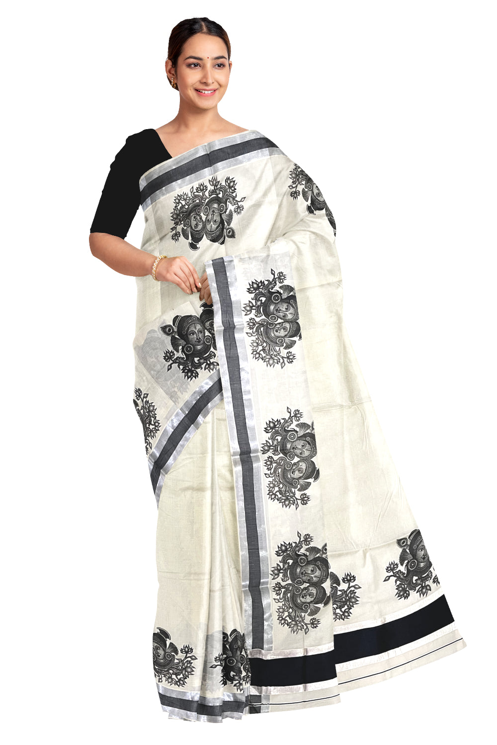 Pure Cotton Kerala Silver Kasavu Saree with Krishna Radha Face Mural Prints and Black Border (Onam Saree 2023)