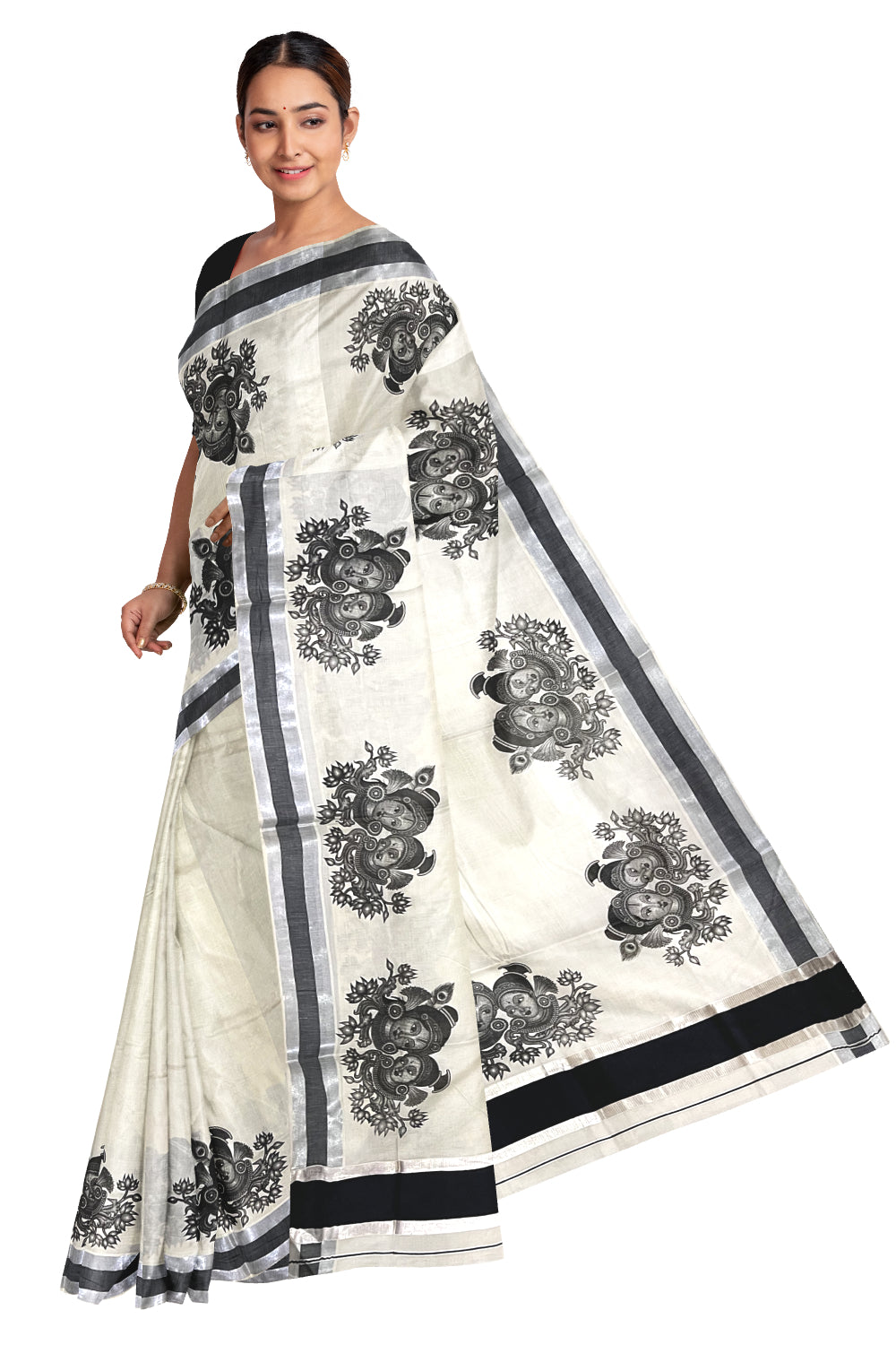 Pure Cotton Kerala Silver Kasavu Saree with Krishna Radha Face Mural Prints and Black Border (Onam Saree 2023)