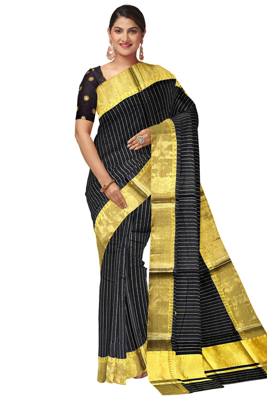 Southloom Super Premium Balaramapuram Unakkupaavu Handloom Black Saree with Kasavu Lines Across Body