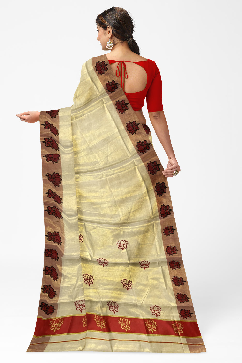 Kerala Tissue Kasavu Saree with Red and Golden Block Prints and Red Border