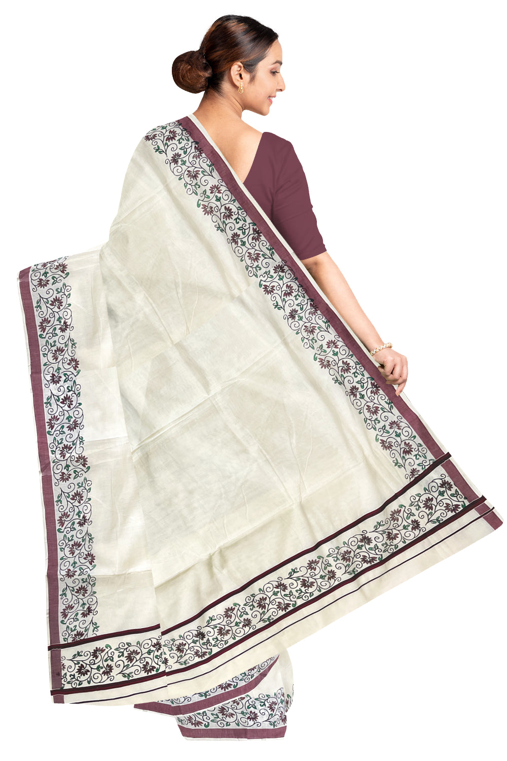 Pure Cotton Kerala Saree with Floral Block Prints and Maroon Border