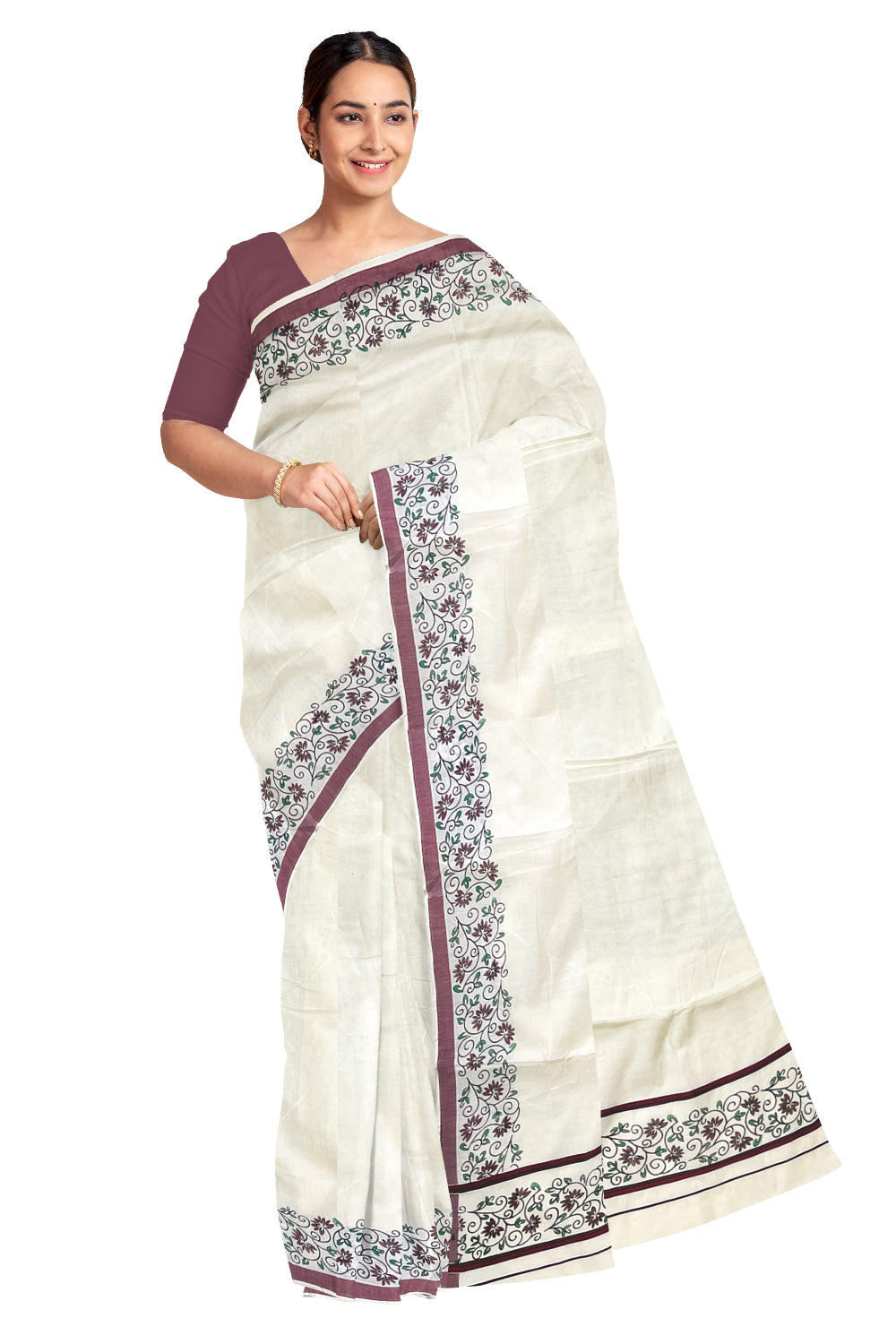 Pure Cotton Kerala Saree with Floral Block Prints and Maroon Border