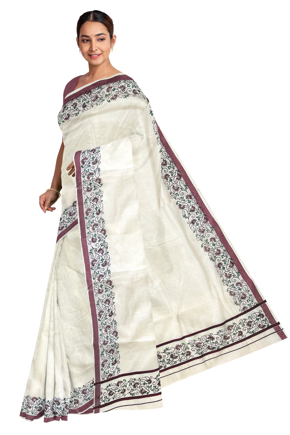 Pure Cotton Kerala Saree with Floral Block Prints and Maroon Border