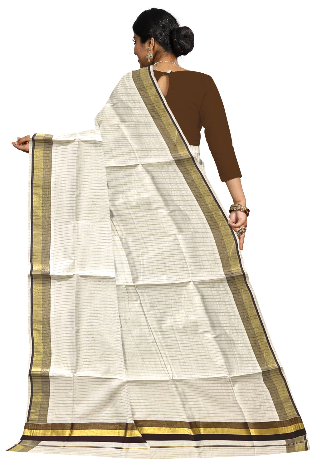 Pure Cotton Kerala Kasavu Lines Design Saree with Brown Border