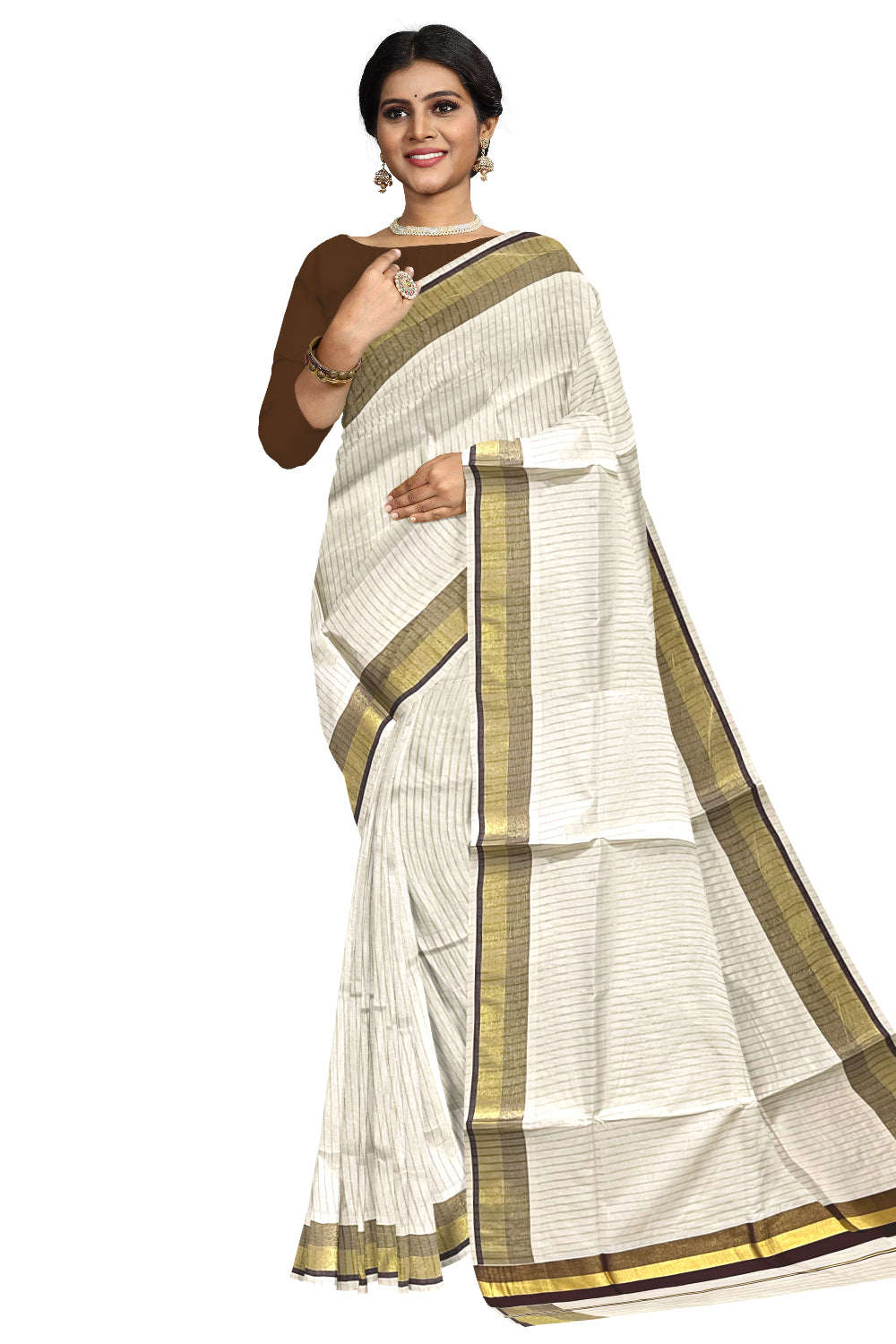 Pure Cotton Kerala Kasavu Lines Design Saree with Brown Border