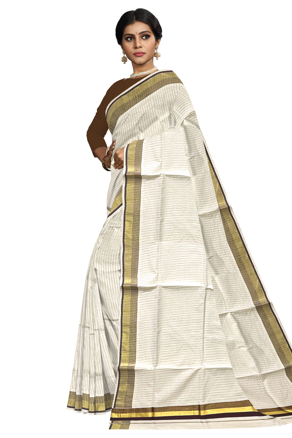 Pure Cotton Kerala Kasavu Lines Design Saree with Brown Border