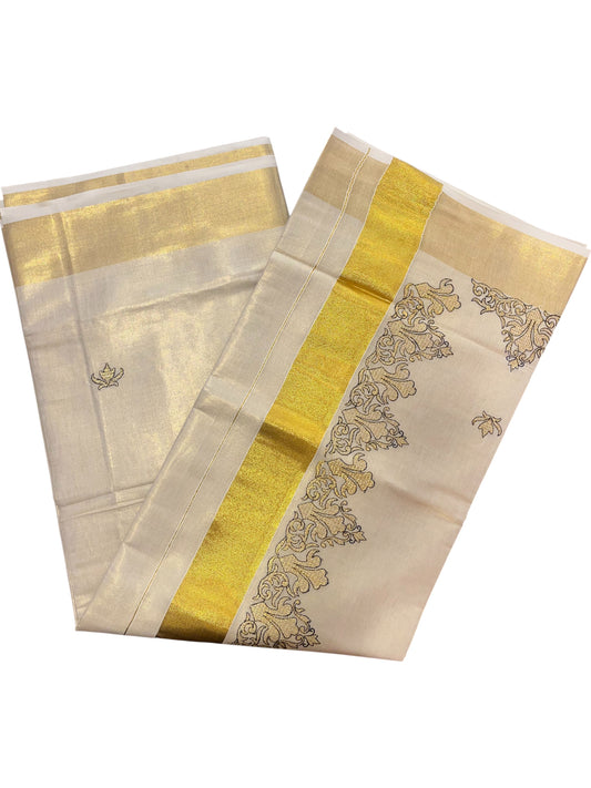 Southloom Kerala Tissue Kasavu Plain Saree with Green Embroidery Works
