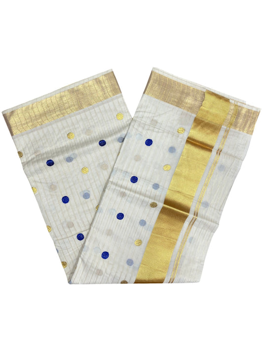 Southloom Kerala Cotton Kasavu Saree with Gold & Blue Polka Embroidery Works on Body SL281