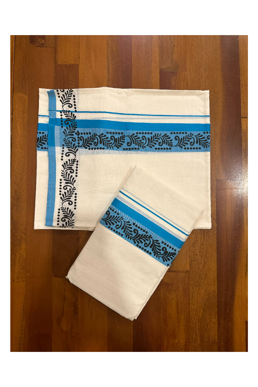 Kerala Cotton Set Mundu (Mundum Neriyathum) with Black Block Prints in Blue Border (Onam Set Mundu 2023)