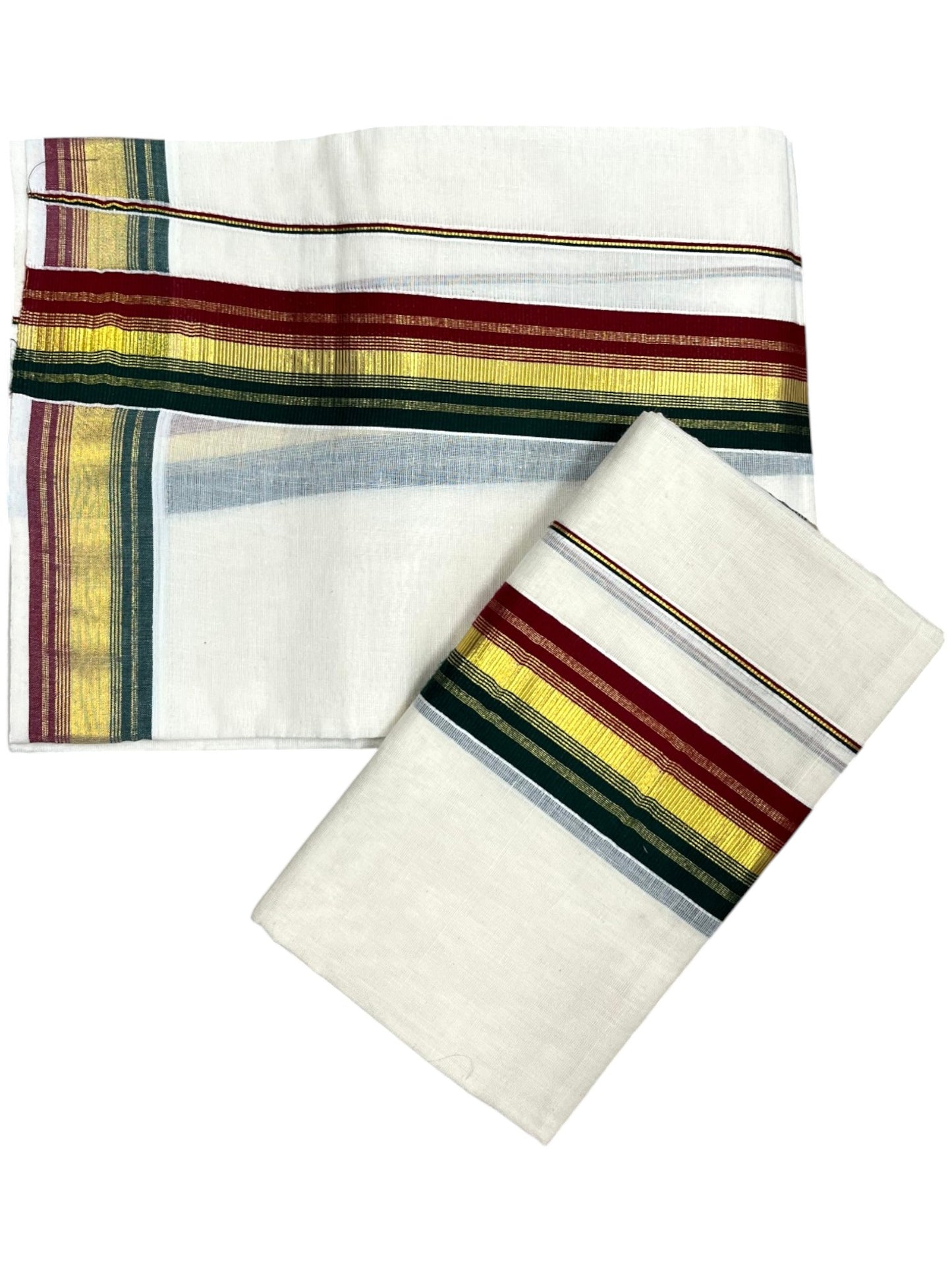 Southloom Kerala Cotton Kasavu Single Set Mundu (Mundum Neriyathum) with Maroon and Green Kasavu Border SLKK SL480