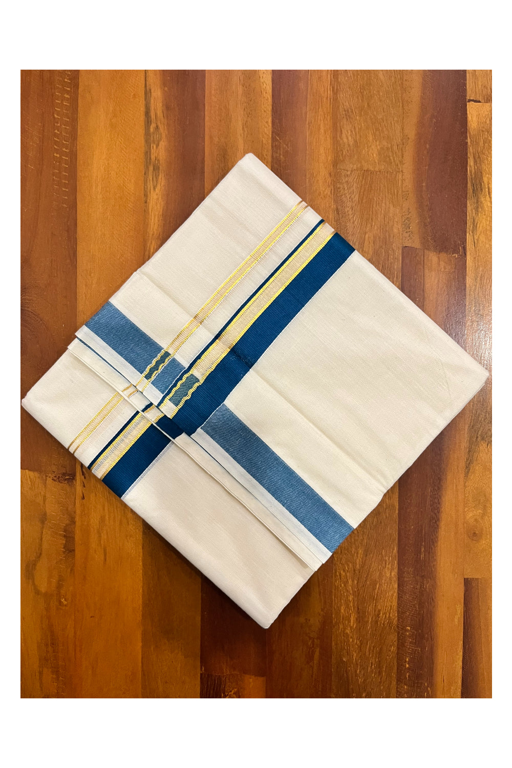 Kerala Pure Cotton Double Mundu with Teal Blue and Kasavu Border (South Indian Kerala Dhoti)