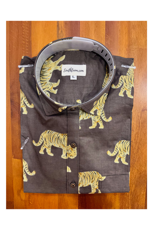Southloom Jaipur Cotton Tiger Hand Block Printed Brown Shirt (Half Sleeves)