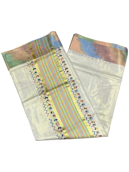 Southloom Kerala Tissue Kasavu Saree with Multi Colour Pochampally Design on Borders and Kara