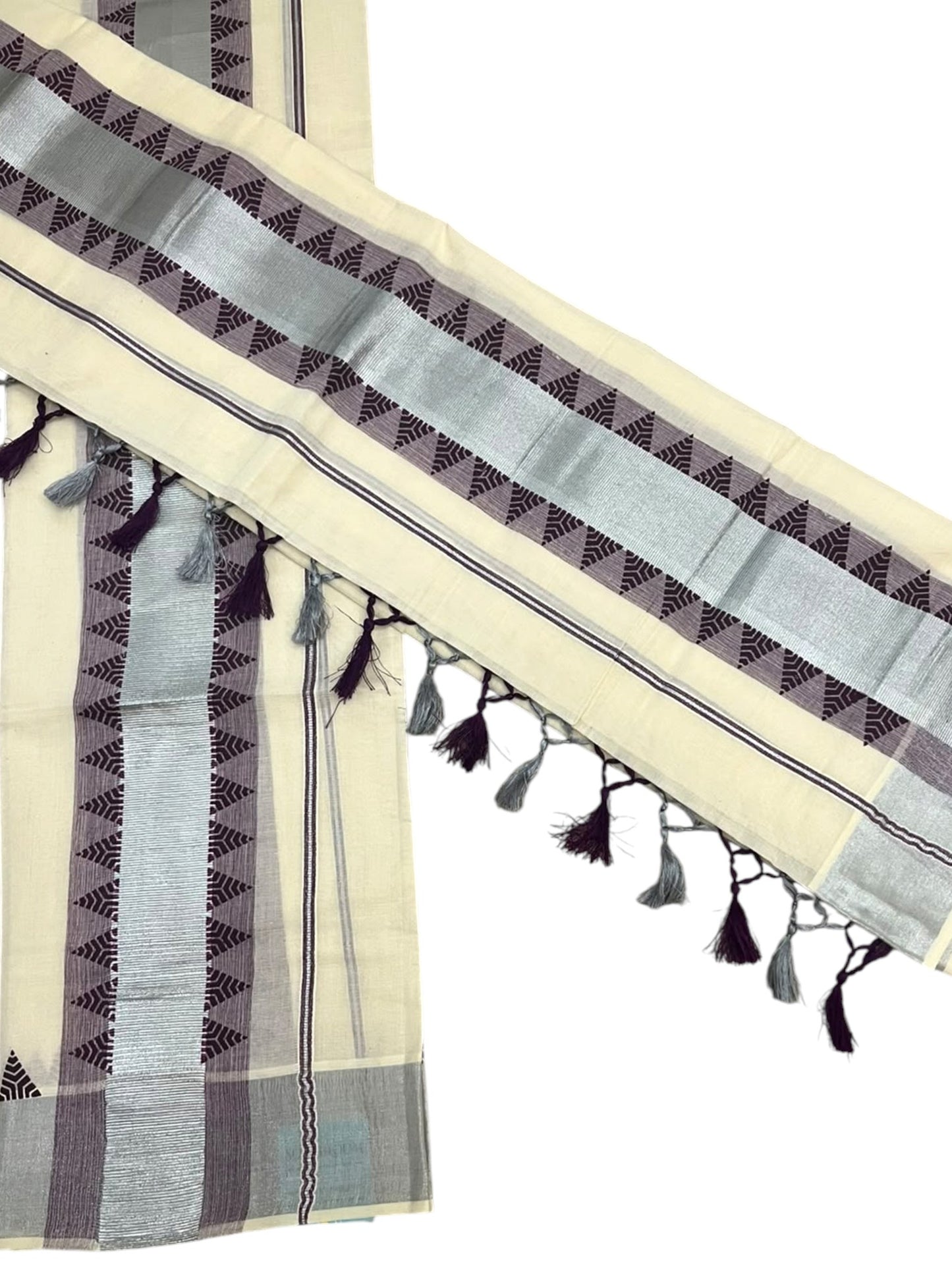 Cotton Single Set Mundu (Mundu Neriyathum) Silver Temple Design Works And Purple Border Kasavu in 2.80 Mtrs With Tussles