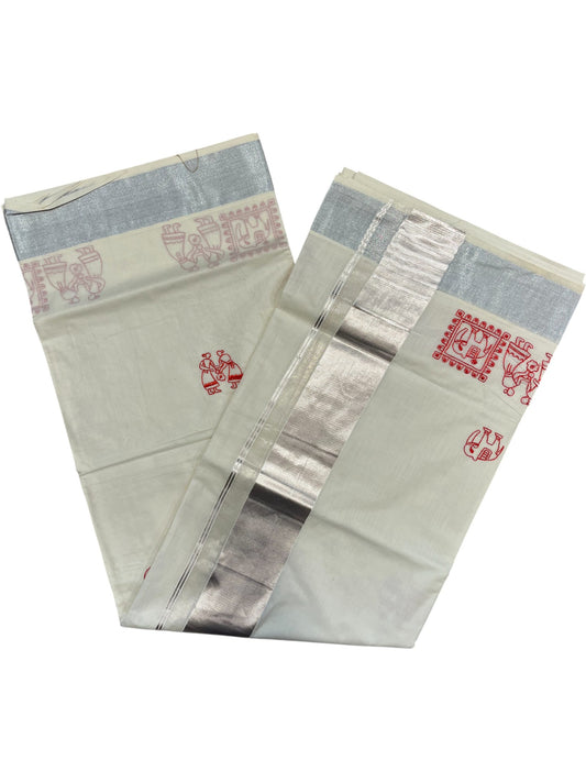 Kerala Cotton Silver Kasavu Saree With Mural Festival Parasol Stripes and Red Elephant Design And Embroidery Work