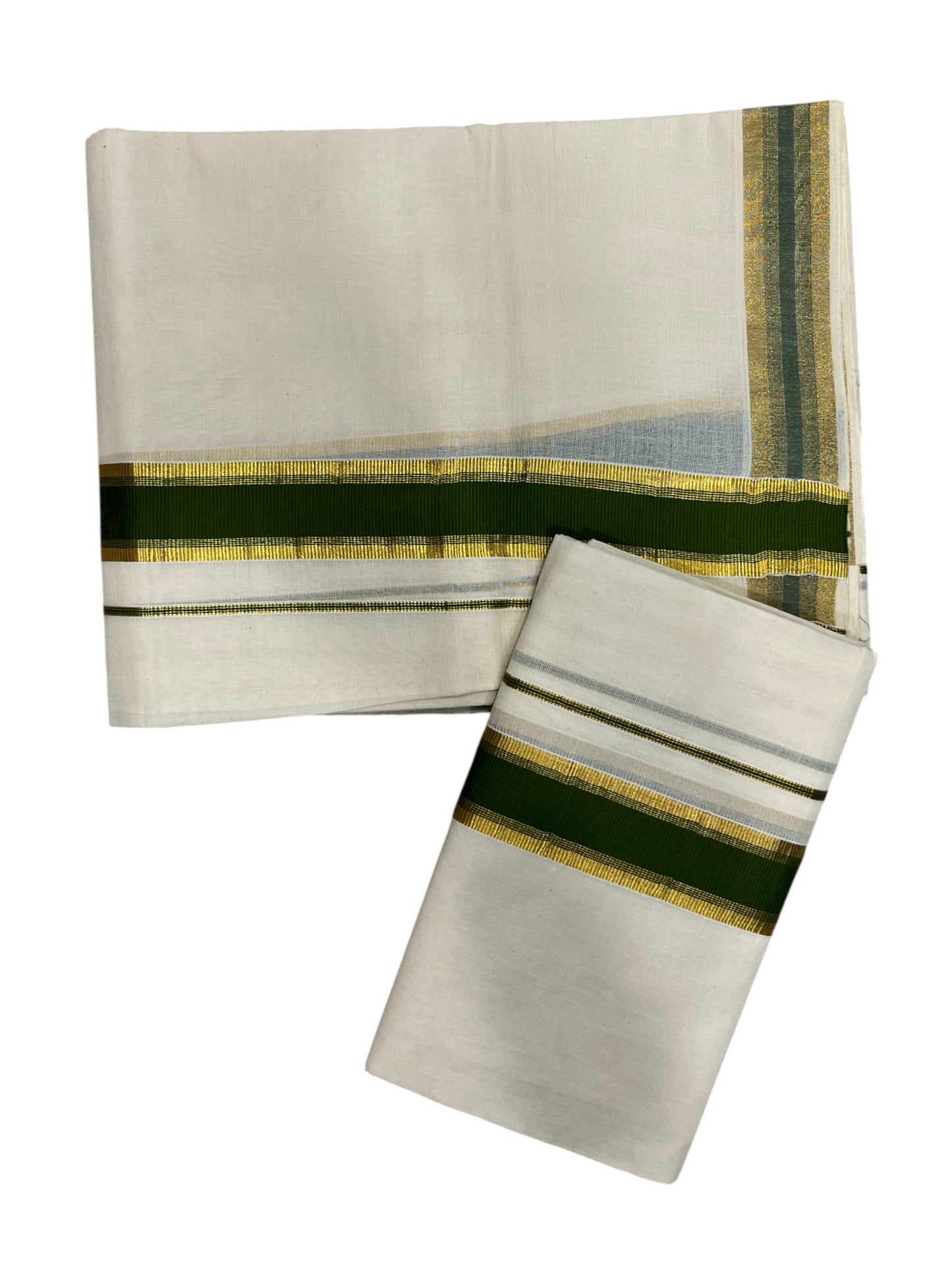 Kerala Cotton Set Mundu (Mundum Neriyathum) with Kasavu and Green Border