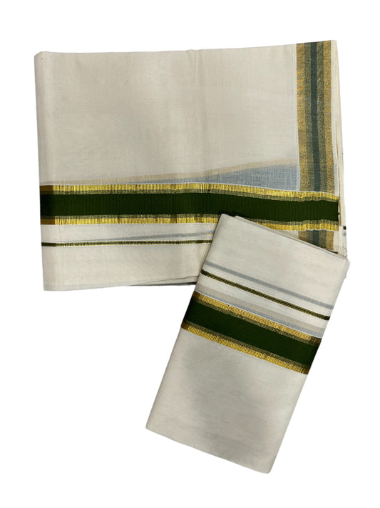 Kerala Cotton Set Mundu (Mundum Neriyathum) with Kasavu and Green Border