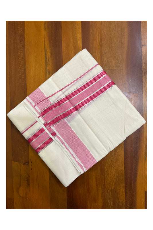 Off White Pure Cotton Double Mundu with Silver Kasavu Lines and Dark Pink Border (South Indian Dhoti)