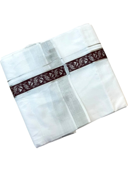 Southloom Pure White Cotton Mundu with Brown and Silver Kasavu Border (South Indian Kerala Dhoti)