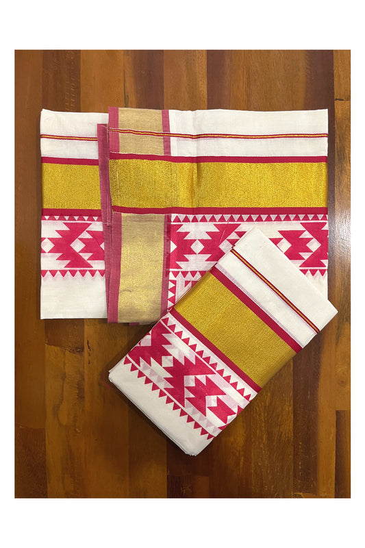 Pure Cotton Kerala Single Set Mundu (Mundum Neriyathum) with Red Block Printed Kasavu Border