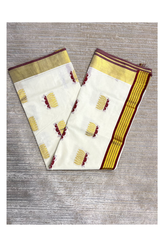 Southloom Kerala Cotton Kasavu Saree with Lotus Woven Work