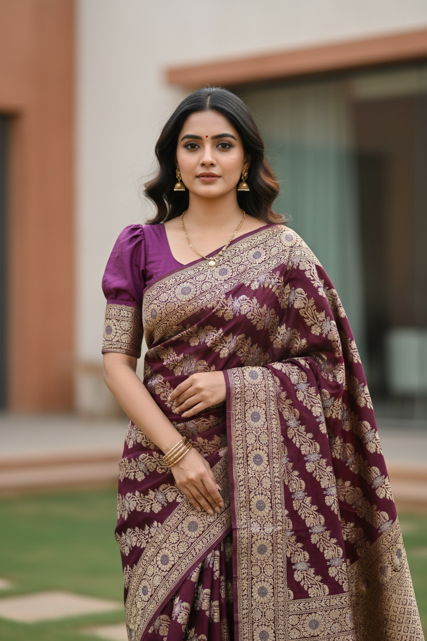 Southloom Pure Banarasi Silk Saree with Woven Work on Body and Borders