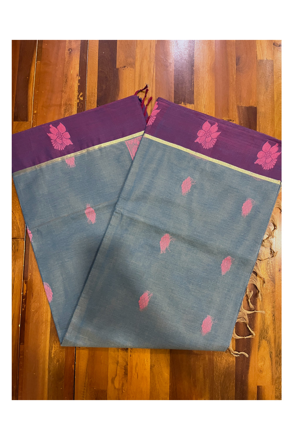 Southloom Cotton Blue Saree with Magenta Floral Woven Border