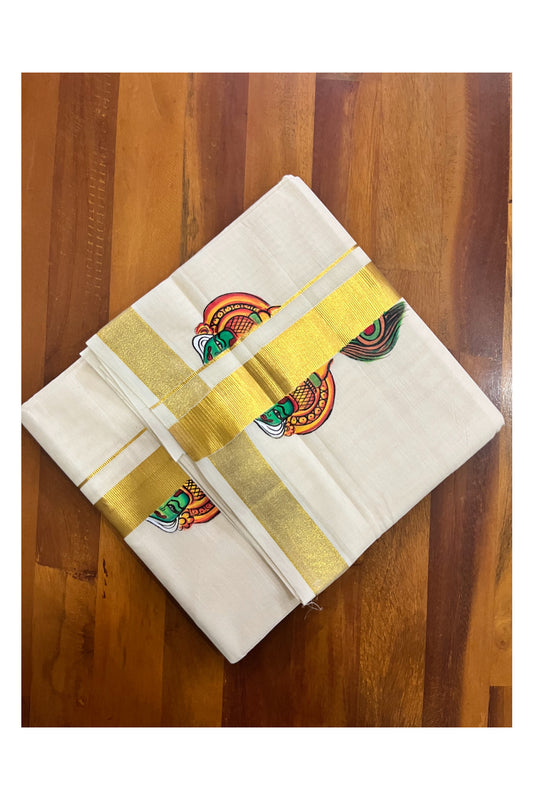 Off White Kerala Cotton Double Mundu with Kathakali Mural Hand Painted Designs on Kasavu Border (South Indian Kerala Dhoti)