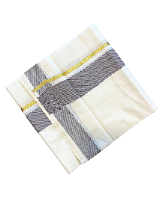 Southloom Kerala Pure Cotton Double Mundu with Gold Lines & Brown Border (South Indian Dhoti)
