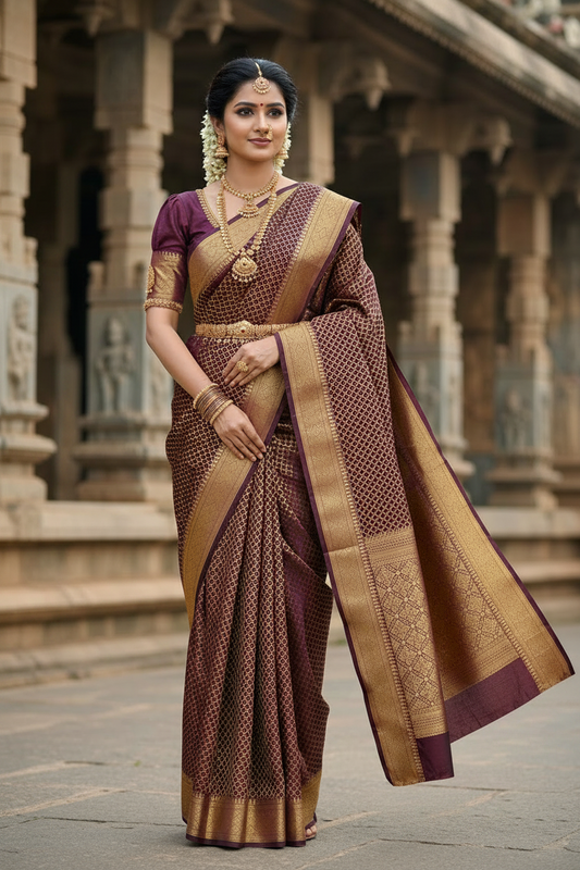 Southloom Brocade Silk Bridal Saree WIth Woven Borders And Blouse Piece