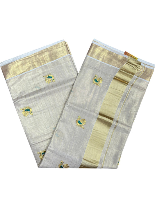 Southloom Tissue Kerala Kasavu Lines Saree with Peacock Embroidery Work on Body in Peacock Green