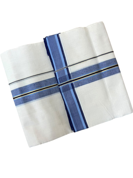 Southloom Balaramapuram Unakkupaavu Premium Handloom Cotton Double Mundu with Gold Kasavu and Blue Border