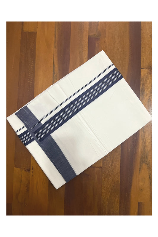 Pure White Cotton Double Mundu with Navy Blue Lines Border (South Indian Kerala Dhoti)